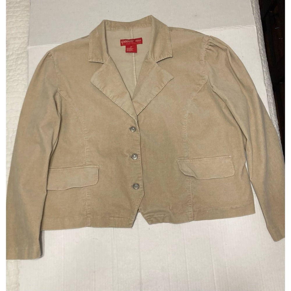 Goddess Retro Corduroy Blazer Jacket Puff Sleeve‎ Button Front Tan Size M